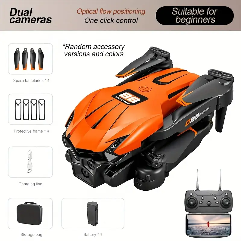 New D88 Drone with Dual Cameras, 360° Stunt Roll, One-Click Auto Return, Optical Flow Positioning, WiFi FPV, Foldable Quadcopter for Beginners - Ideal Gift for Christmas, Halloween, Thanksgiving, Valentine'S Day, Orange