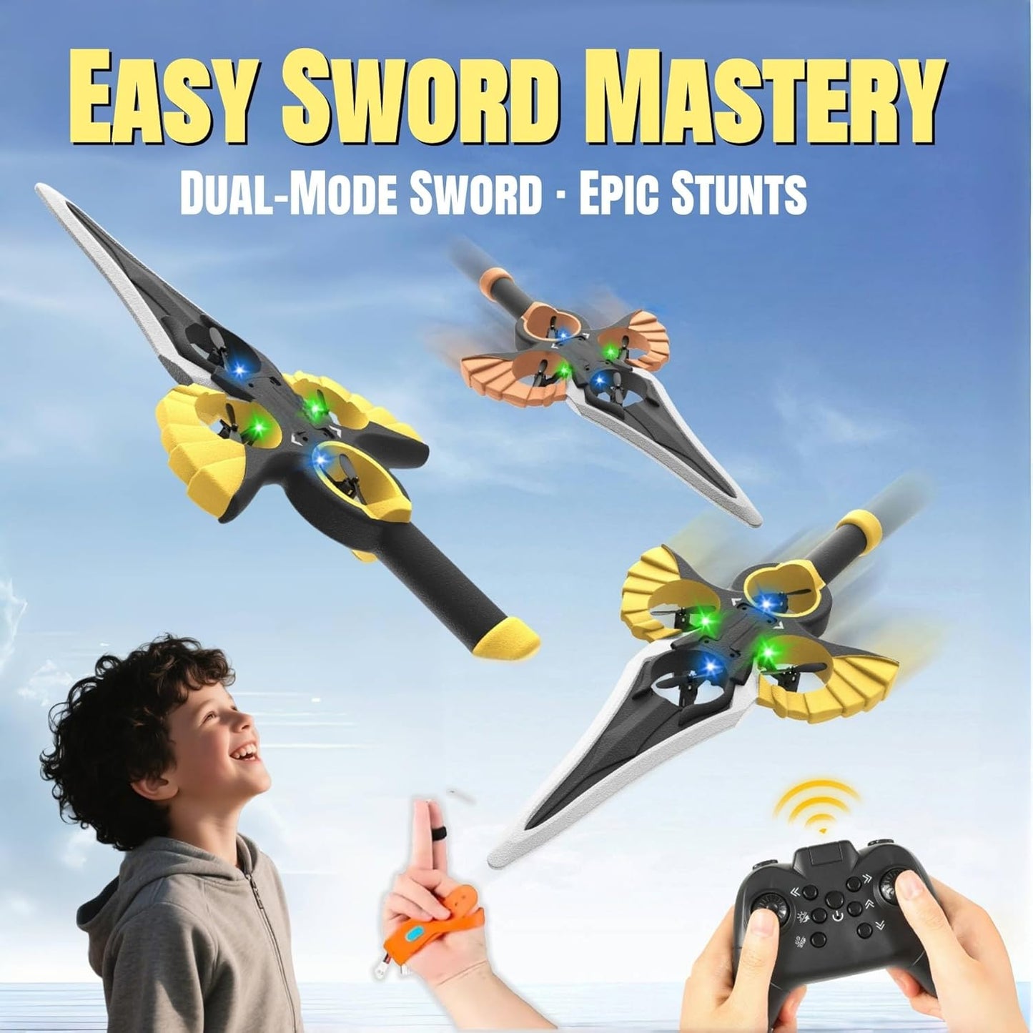 Flying Sword RC Glider with Autopilot - 2025 Remote Flying Sword& 3-Speed Stunt Control (Hand Wave/Controller Mode) Lightweight RC Airplane Gift for Teens and Adults (Gold)